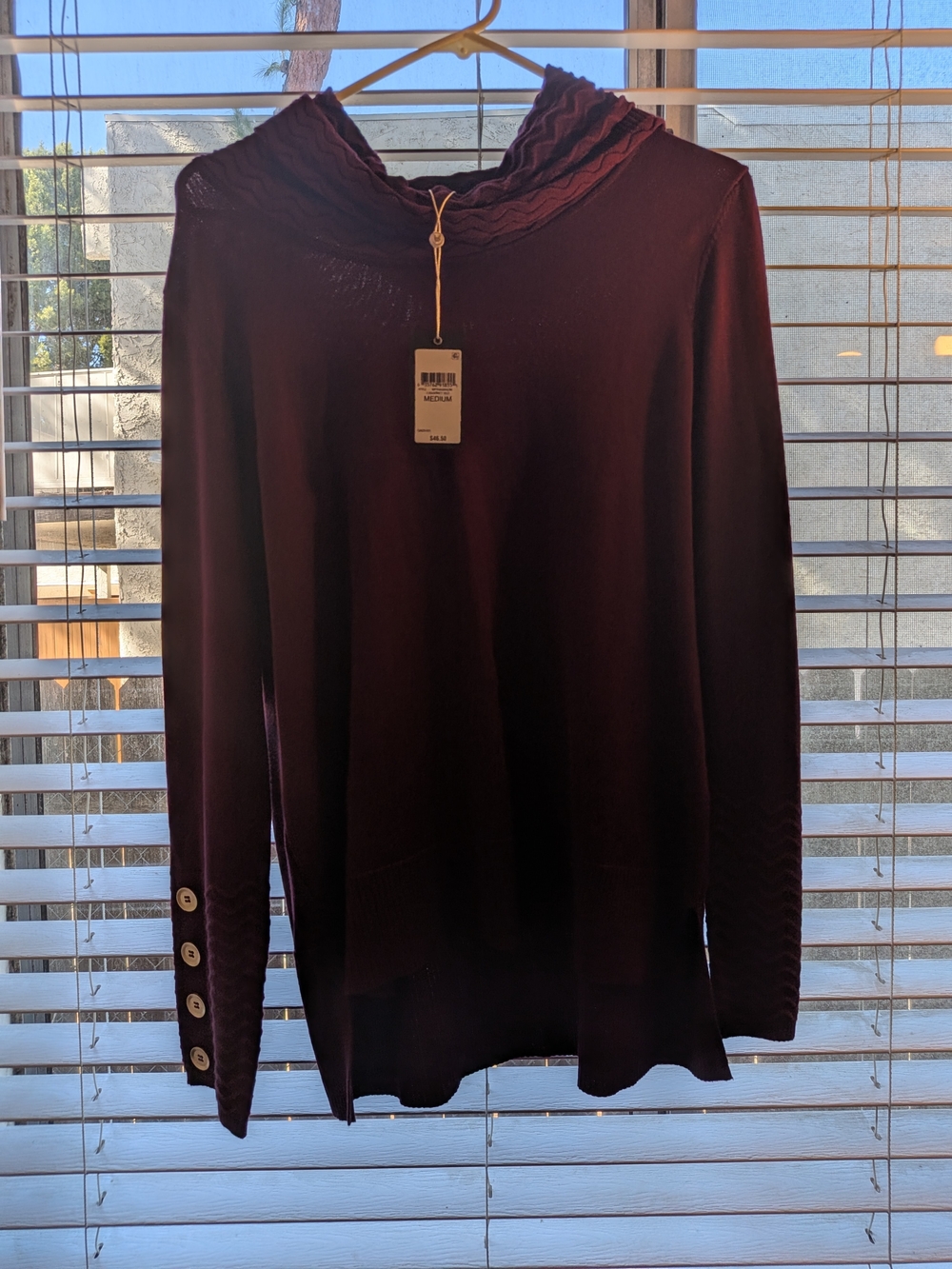 Macy's Deep Burgundy Cowl Neck Knit Sweater with Button Cuffs